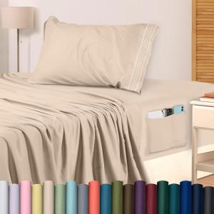 imageUtopia Bedding Queen Sheet Set Soft Microfiber 4 Piece Hotel Luxury Bed Sheets for Women Men Kids ampamp Teens with Side Storage Deep Pocket Fitted Sheet  Embroidered Pillow Cases  Flat Sheet WhiteBeige
