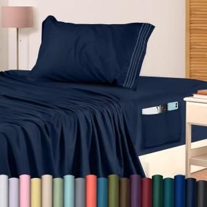 imageUtopia Bedding Queen Sheet Set Soft Microfiber 4 Piece Hotel Luxury Bed Sheets for Women Men Kids ampamp Teens with Side Storage Deep Pocket Fitted Sheet  Embroidered Pillow Cases  Flat Sheet WhiteNavy
