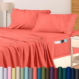 imageUtopia Bedding Queen Sheet Set Soft Microfiber 4 Piece Hotel Luxury Bed Sheets for Women Men Kids ampamp Teens with Side Storage Deep Pocket Fitted Sheet  Embroidered Pillow Cases  Flat Sheet WhiteCoral