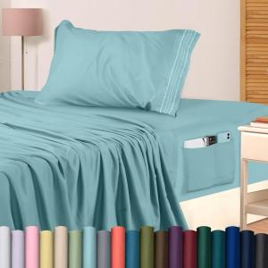 imageUtopia Bedding Queen Sheet Set Soft Microfiber 4 Piece Hotel Luxury Bed Sheets for Women Men Kids ampamp Teens with Side Storage Deep Pocket Fitted Sheet  Embroidered Pillow Cases  Flat Sheet WhiteSpa Blue