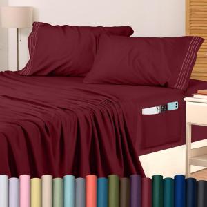 imageUtopia Bedding Queen Sheet Set Soft Microfiber 4 Piece Hotel Luxury Bed Sheets for Women Men Kids ampamp Teens with Side Storage Deep Pocket Fitted Sheet  Embroidered Pillow Cases  Flat Sheet WhiteBurgundy