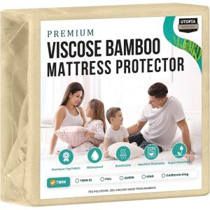 imageUtopia Bedding Premium Waterproof Mattress Protector Queen Size Viscose Made from Bamboo Mattress Cover Breathable Fitted Style with Stretchable Pockets WhiteBeige