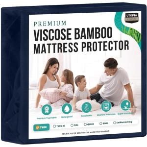 imageUtopia Bedding Premium Waterproof Mattress Protector Queen Size Viscose Made from Bamboo Mattress Cover Breathable Fitted Style with Stretchable Pockets WhiteNavy
