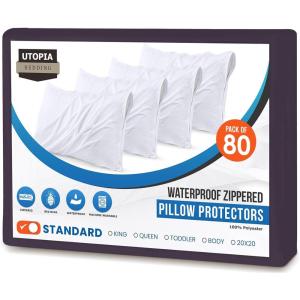 imageUtopia Bedding Waterproof Queen Size Pillow Protectors Zippered 4 Pack White Dust Mite and Bed Bug Proof Pillow case Protectors Moisture Wicking Pillow Encasement Covers 20 x 28 InchesPurple