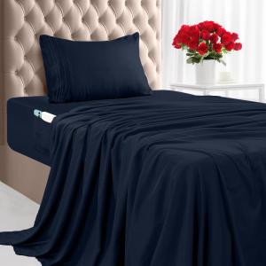 imageUtopia Bedding Queen Sheet Set Soft Microfiber 4 Piece Hotel Luxury Bed Sheets for Women Men Kids ampamp Teens with Side Storage Deep Pocket Fitted Sheet  Pillow Cases  Flat Sheet BrownNavy