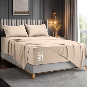 imageUtopia Bedding Deep Pocket Queen Sheet Set  Fits Mattresses Up to 21 inches  4 Piece Bed Sheets Soft Cooling Sheets  Fade ampamp Shrink Resistant  Denim BlueBeige