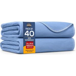 imageUtopia Bedding Waterproof Incontinence Bed Pads 34 x 36 Inches Pack of 40 Blue Washable and Reusable Underpads for Adults Elderly and Pets Absorbent Protective Pads