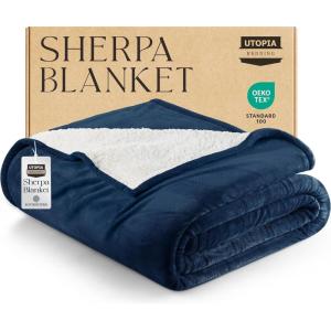 imageUtopia Bedding Sherpa Blanket California King Size Navy 102x96 Inches  Soft Plush Fleece Reversible Blanket for Bed Sofa Couch Camping and Travel
