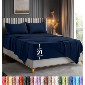 image:imageUtopia Bedding King Size Extra Deep Pocket Sheet Set  Fits Mattresses Up to 21 inches  Cooling Soft amp Breathable  OekoTex 4 Piece Bed Sheets OrangeNavy