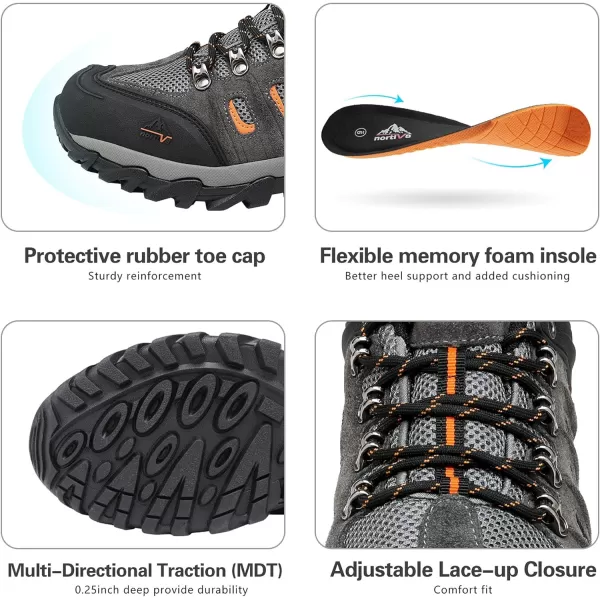 NORTIV 8 Mens Waterproof Hiking Shoes Leather LowTop Hiking Shoes for Outdoor Trailing Trekking Camping WalkingBlackDarkGreyOrange