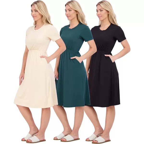 Real Essentials 3Pack Womens Midi Short Sleeve Soft TShirt Dress with Elastic Waist Available in Plus SizeDress Set 5