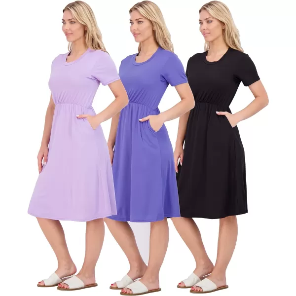 Real Essentials 3Pack Womens Midi Short Sleeve Soft TShirt Dress with Elastic Waist Available in Plus SizeDress Set 6