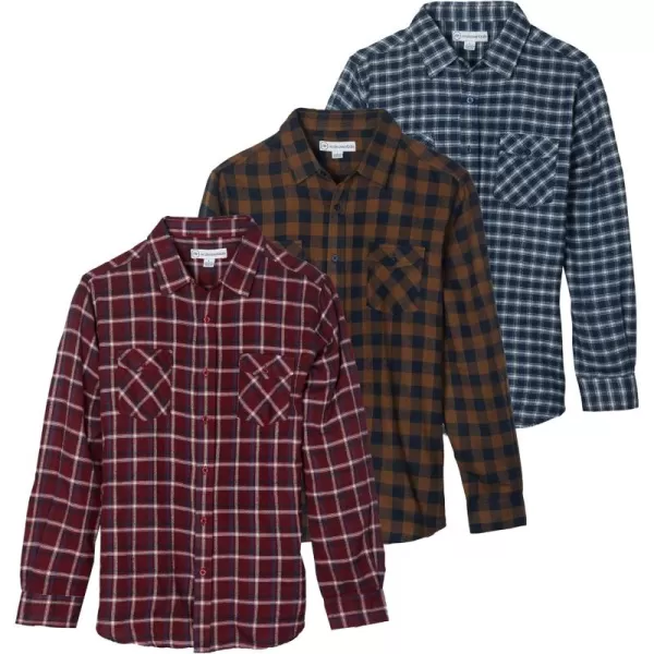 Real Essentials 3 Pack Mens LongSleeve Flannel Button Down Plaid Casual Shirt Available in Big ampamp TallSet 1