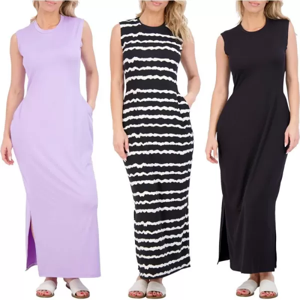 Real Essentials 3 Pack Womens Long Tank Maxi TShirt Summer Casual Dress with Pockets Available in Plus SizeTank Dress Set 1