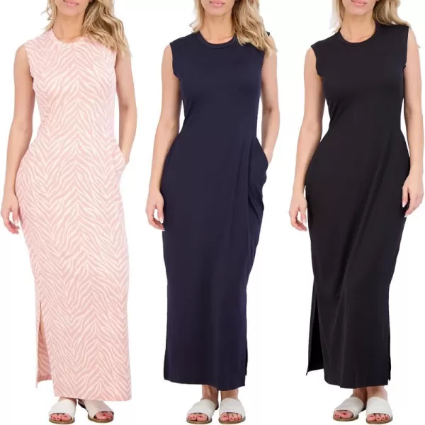 Real Essentials 3 Pack Womens Long Tank Maxi TShirt Summer Casual Dress with Pockets Available in Plus SizeTank Dress Set 2