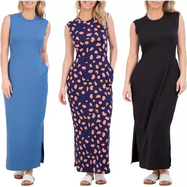 Real Essentials 3 Pack Womens Long Tank Maxi TShirt Summer Casual Dress with Pockets Available in Plus SizeTank Dress Set 3