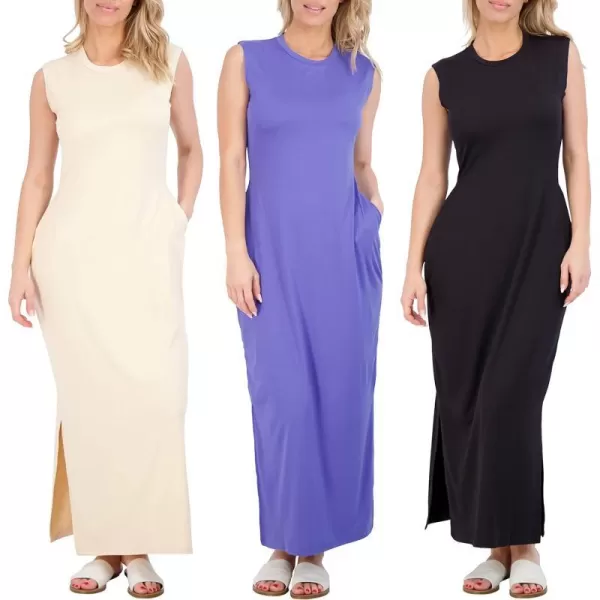 Real Essentials 3 Pack Womens Long Tank Maxi TShirt Summer Casual Dress with Pockets Available in Plus SizeTank Dress Set 6