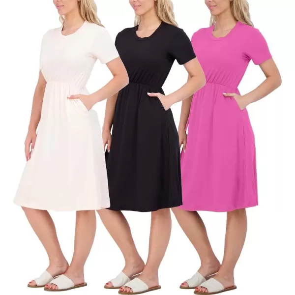 Real Essentials 3Pack Womens Midi Short Sleeve Soft TShirt Dress with Elastic Waist Available in Plus SizeDress Set 1