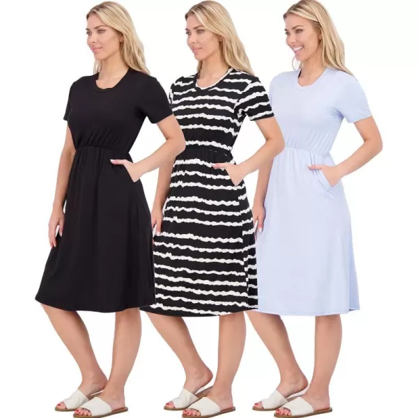 Real Essentials 3Pack Womens Midi Short Sleeve Soft TShirt Dress with Elastic Waist Available in Plus SizeDress Set 2