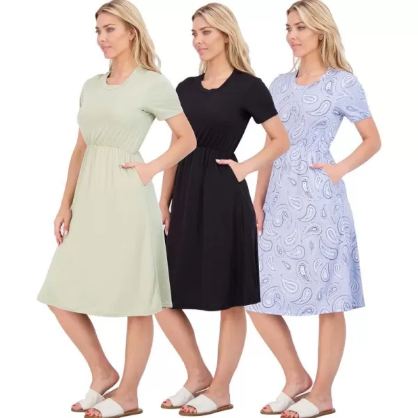 Real Essentials 3Pack Womens Midi Short Sleeve Soft TShirt Dress with Elastic Waist Available in Plus SizeDress Set 3