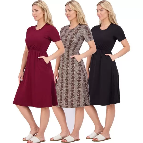 Real Essentials 3Pack Womens Midi Short Sleeve Soft TShirt Dress with Elastic Waist Available in Plus SizeDress Set 4