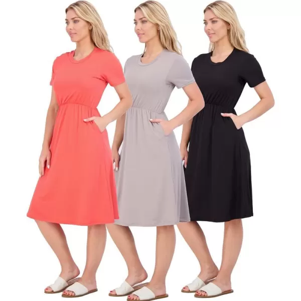 Real Essentials 3Pack Womens Midi Short Sleeve Soft TShirt Dress with Elastic Waist Available in Plus SizeDress Set 7