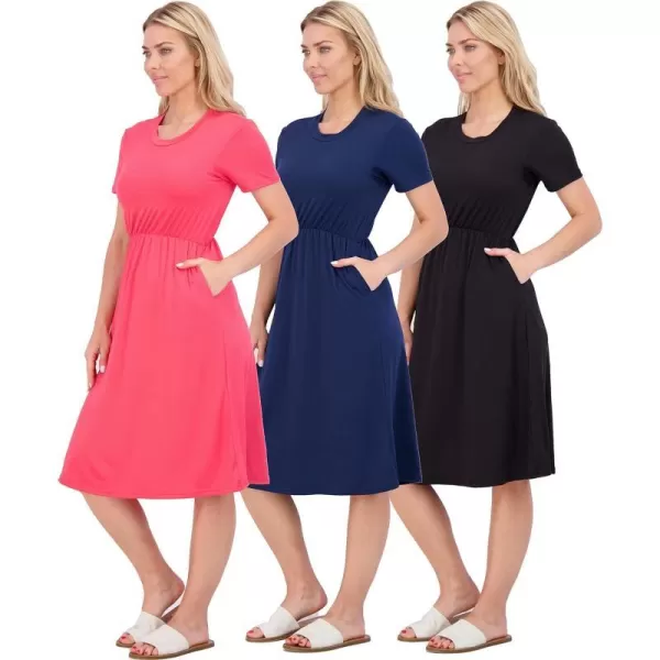 Real Essentials 3Pack Womens Midi Short Sleeve Soft TShirt Dress with Elastic Waist Available in Plus SizeDress Set 8