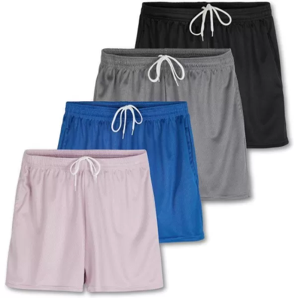 Real Essentials 4 Pack Womens Active Athletic Performance Mesh Shorts with Pockets Available in Plus SizeStandard Set B