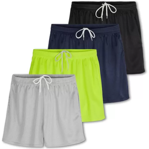 Real Essentials 4 Pack Womens Active Athletic Performance Mesh Shorts with Pockets Available in Plus SizeStandard Set E