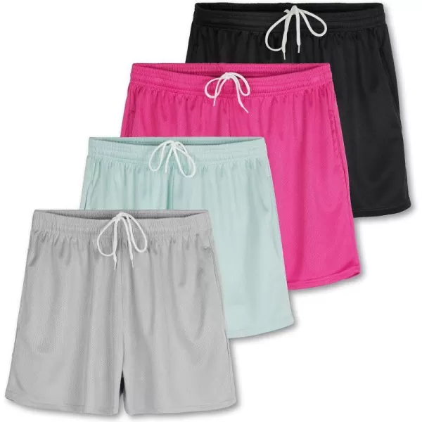 Real Essentials 4 Pack Womens Active Athletic Performance Mesh Shorts with Pockets Available in Plus SizeStandard Set F