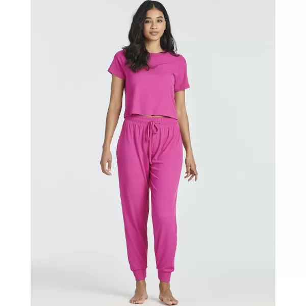 Real Essentials 2 Pack Womens Ribbed Knit Cropped Short Sleeve Top with Jogger Sweatpants Lounge Set SleepSet 5