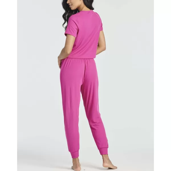 Real Essentials 2 Pack Womens Ribbed Knit Cropped Short Sleeve Top with Jogger Sweatpants Lounge Set SleepSet 5