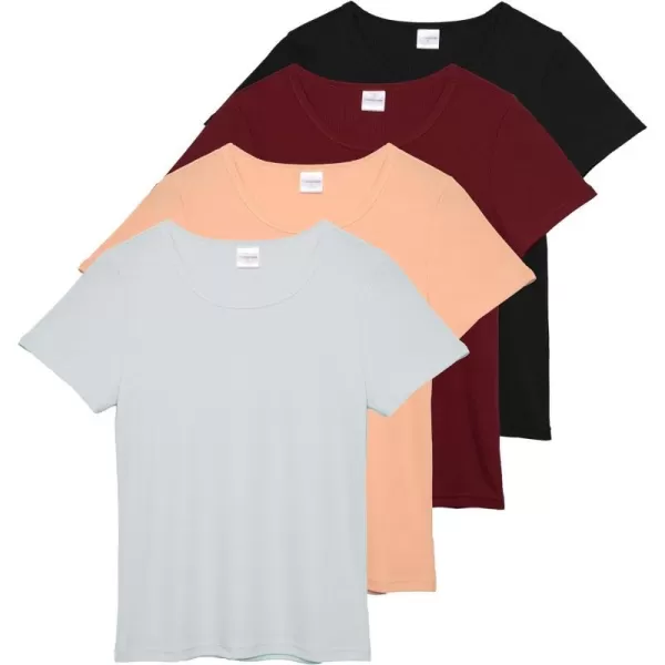 Real Essentials 4 Pack Womens Ribbed Knit Short Sleeve Crew Neck TShirt Available in PlusSet 2