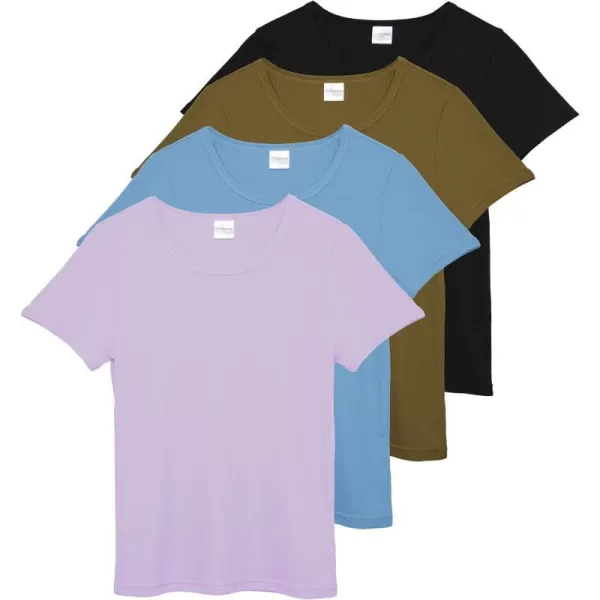 Real Essentials 4 Pack Womens Ribbed Knit Short Sleeve Crew Neck TShirt Available in PlusSet 4