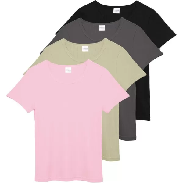 Real Essentials 4 Pack Womens Ribbed Knit Short Sleeve Crew Neck TShirt Available in PlusSet 5