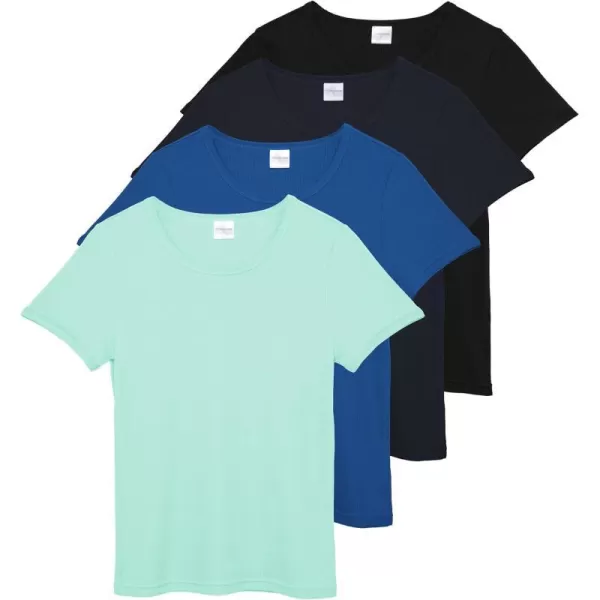 Real Essentials 4 Pack Womens Ribbed Knit Short Sleeve Crew Neck TShirt Available in PlusSet 6