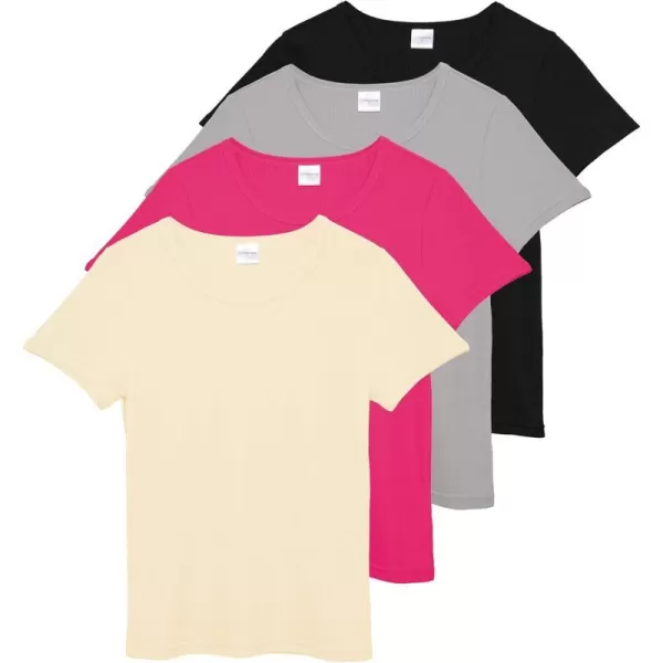 Real Essentials 4 Pack Womens Ribbed Knit Short Sleeve Crew Neck TShirt Available in PlusSet 8