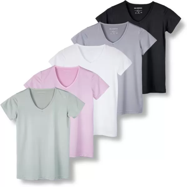 Real Essentials 5 Pack Womens Short Sleeve VNeck Activewear TShirt DryFit Wicking Yoga Top Available in PlusPlus Size Set 9