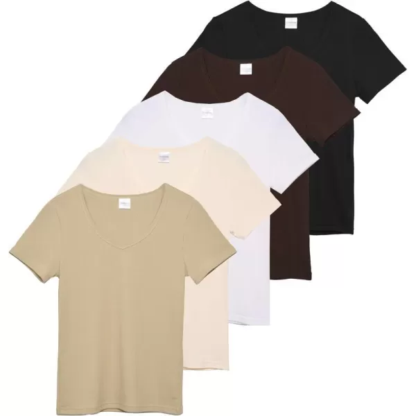 Real Essentials 5 Pack Womens Soft Ribbed Short Sleeve VNeck TShirt Casual Summer Tee ShirtsSet 1