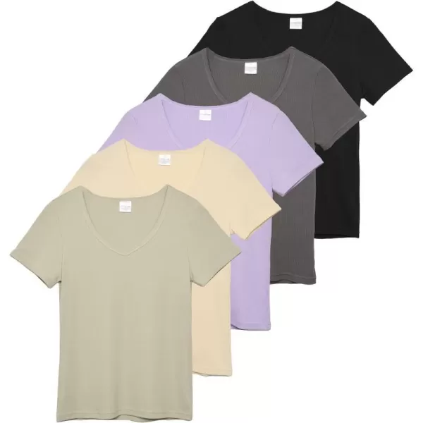 Real Essentials 5 Pack Womens Soft Ribbed Short Sleeve VNeck TShirt Casual Summer Tee ShirtsSet 2