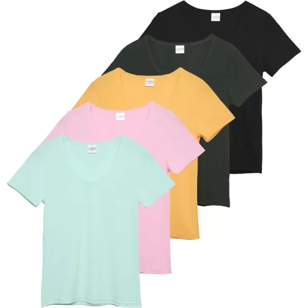 Real Essentials 5 Pack Womens Soft Ribbed Short Sleeve VNeck TShirt Casual Summer Tee ShirtsSet 3