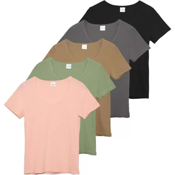 Real Essentials 5 Pack Womens Soft Ribbed Short Sleeve VNeck TShirt Casual Summer Tee ShirtsSet 4