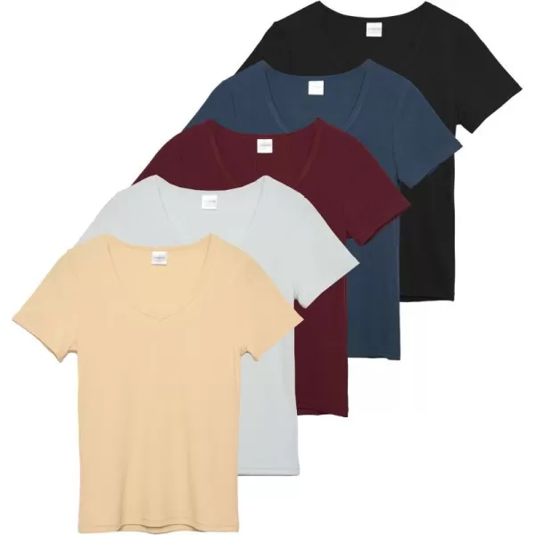 Real Essentials 5 Pack Womens Soft Ribbed Short Sleeve VNeck TShirt Casual Summer Tee ShirtsSet 5