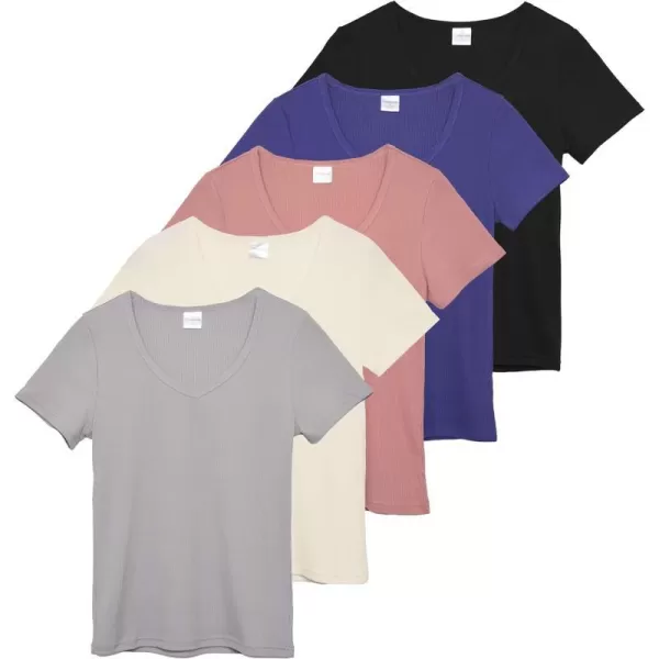 Real Essentials 5 Pack Womens Soft Ribbed Short Sleeve VNeck TShirt Casual Summer Tee ShirtsSet 6