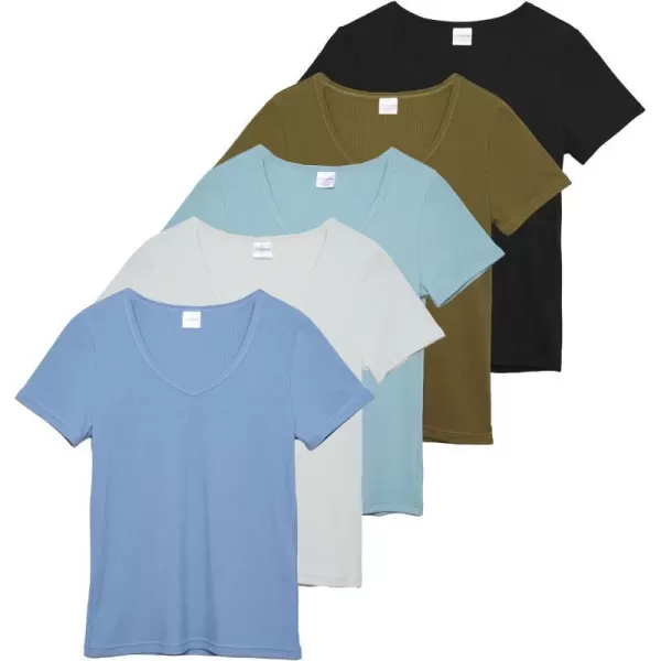 Real Essentials 5 Pack Womens Soft Ribbed Short Sleeve VNeck TShirt Casual Summer Tee ShirtsSet 7