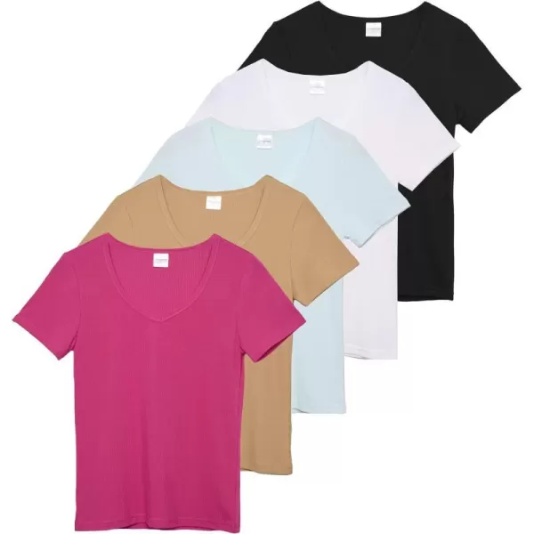 Real Essentials 5 Pack Womens Soft Ribbed Short Sleeve VNeck TShirt Casual Summer Tee ShirtsSet 8