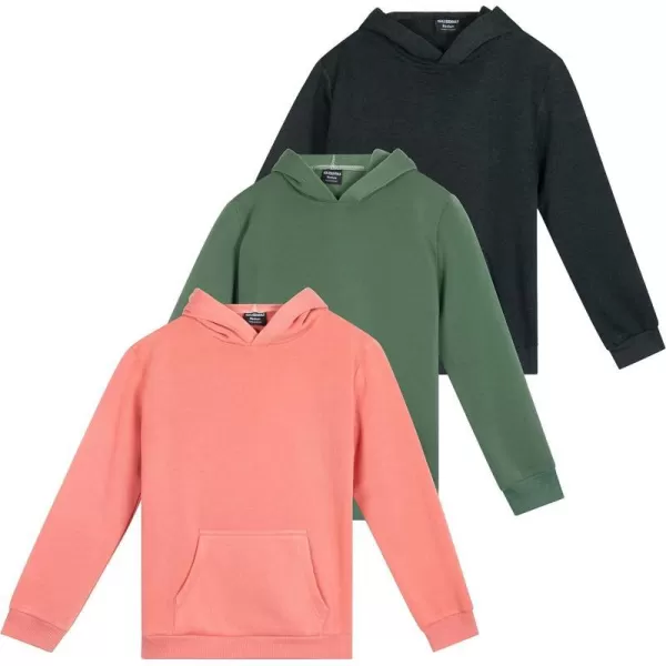 Real Essentials 3 Pack Girls Soft Brushed Fleece Pullover Hoodie Sweatshirt With Kangaroo Pocket Ages 716Set 2