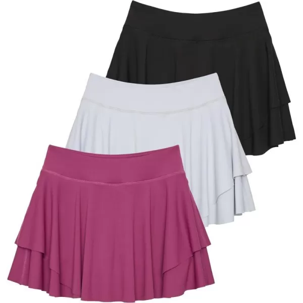 Real Essentials 3 Pack Womens 14 Layered Ruffle Flowy Tennis Golf Skorts Pockets Pleated Mini Skirt Athletic Liner ShortsSet 2