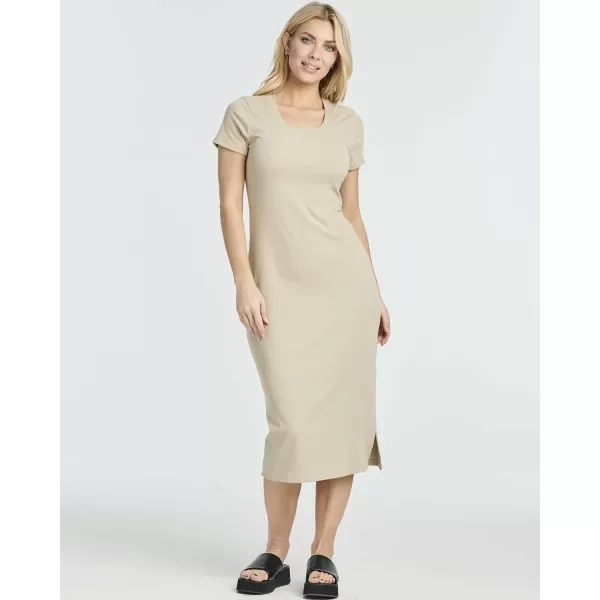 3 Pack Womens Ribbed Jersey Crew Neck Short Sleeve Midi Length Dress with Side SlitSet 4