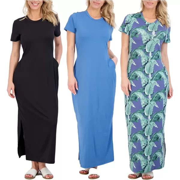 3Pack Womens Casual Short Sleeve Maxi TShirt Dress  Summer Dress with Slit amp Pockets Available in Plus SizeMaxi Dress with Slit Set 1